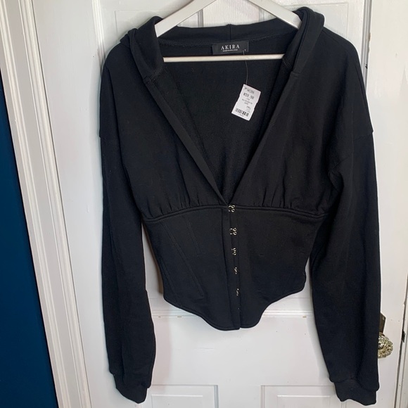 Akira Throw It Back Corseted Goth Black Hoody Punk Top Sweatshirt W-762 Sz S - Picture 2 of 9